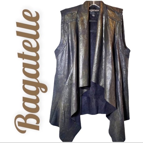 BAGATELLE Metallic Faux Leather Open Front Waterfall Vest, Size Small - Picture 1 of 8